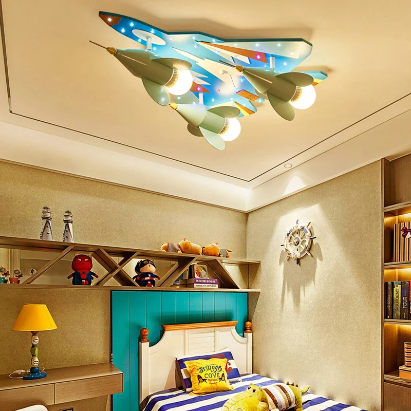 Plafonnier encastré en forme d'avion de chasse, plafonnier créatif en métal bleu pour chambre d'enfant Clearhalo