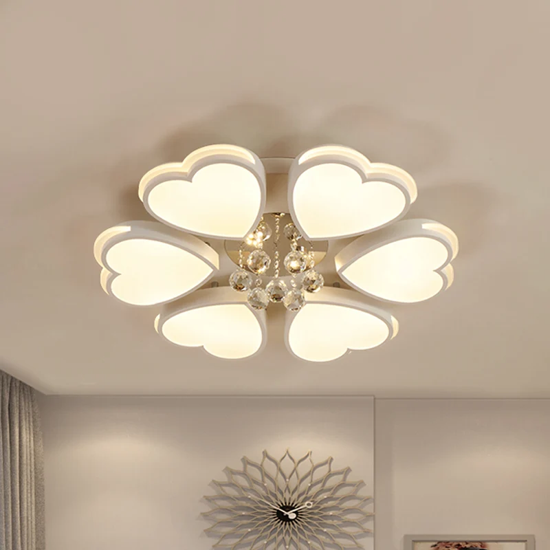 Plafonnier en forme de cœur en acrylique, moderne, 6 ampoules, pour salon, blanc, avec boule de cristal Clearhalo
