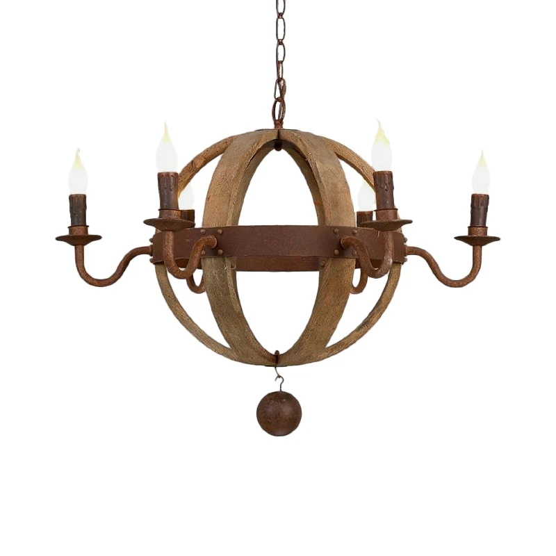 Plafonnier Globe en bois, lustre traditionnel à 6/8 ampoules pour salle à manger, marron Clearhalo