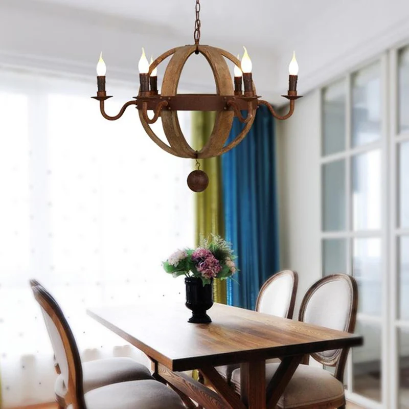 Plafonnier Globe en bois, lustre traditionnel à 6/8 ampoules pour salle à manger, marron Clearhalo