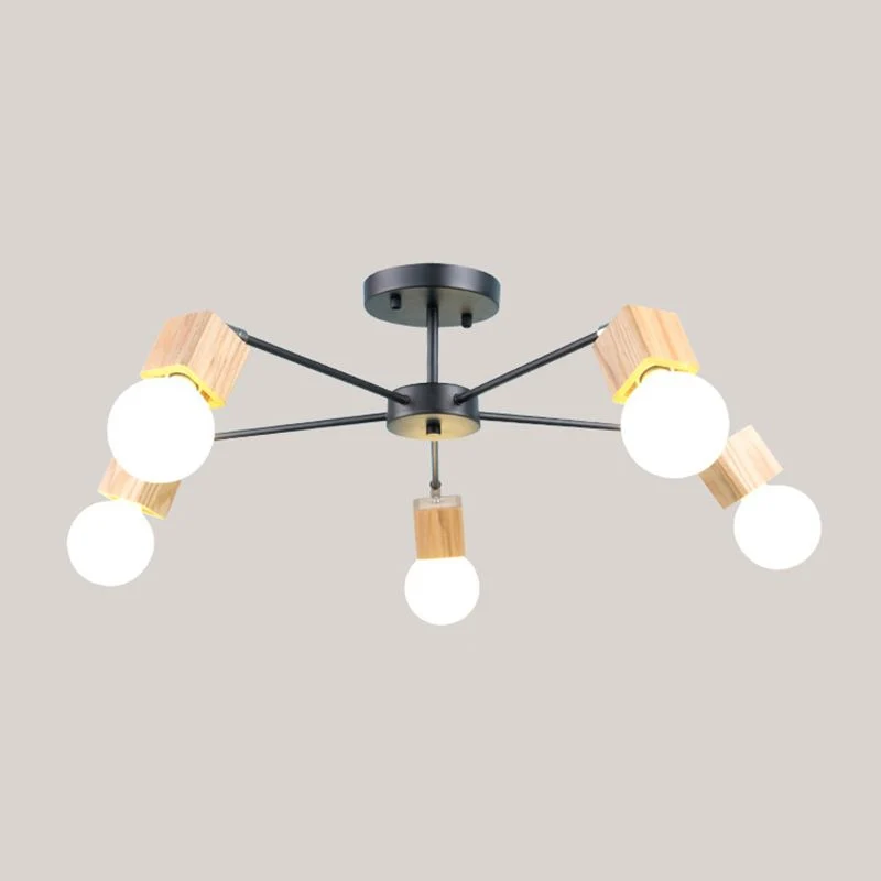 Plafonnier industriel à 3/5 lumières, ampoule ouverte, en métal, semi-encastré, en bois, pour chambre à coucher Clearhalo