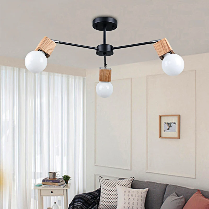 Plafonnier industriel à 3/5 lumières, ampoule ouverte, en métal, semi-encastré, en bois, pour chambre à coucher Clearhalo