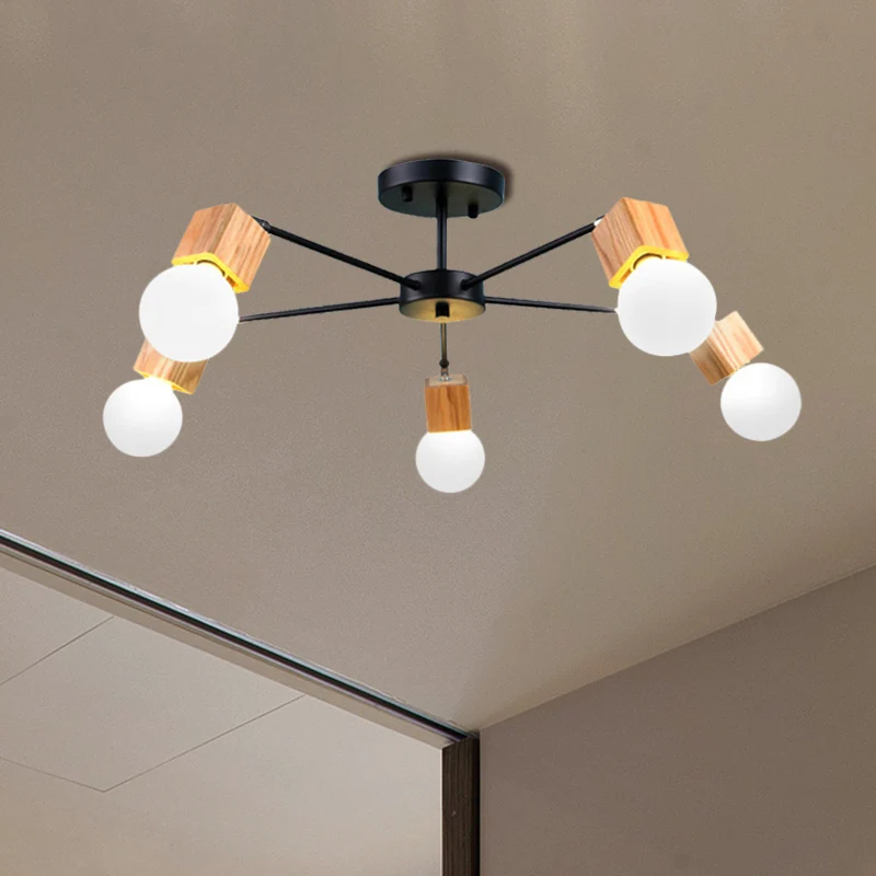 Plafonnier industriel à 3/5 lumières, ampoule ouverte, en métal, semi-encastré, en bois, pour chambre à coucher Clearhalo