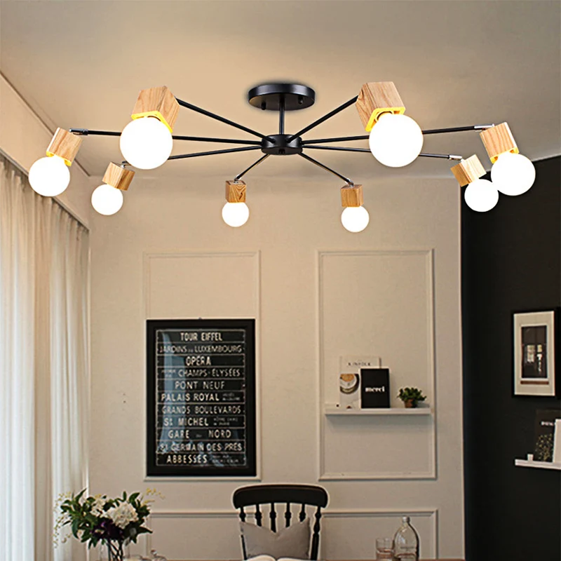Plafonnier industriel à 3/5 lumières, ampoule ouverte, en métal, semi-encastré, en bois, pour chambre à coucher Clearhalo