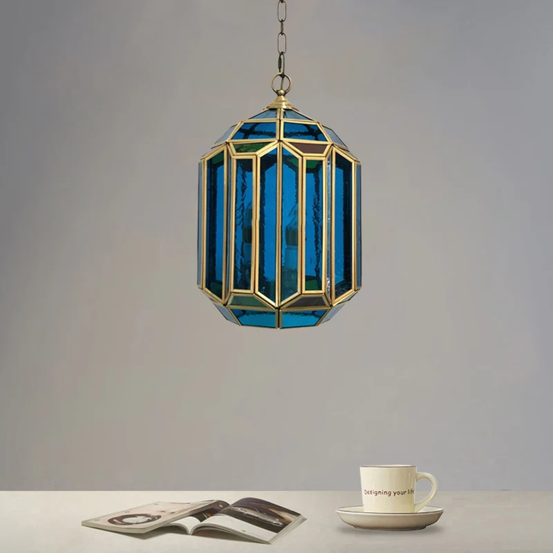 Plafonnier lanterne en verre bleu, luminaire suspendu Vintage à 1 lumière pour chambre à coucher avec fond ouvert Clearhalo