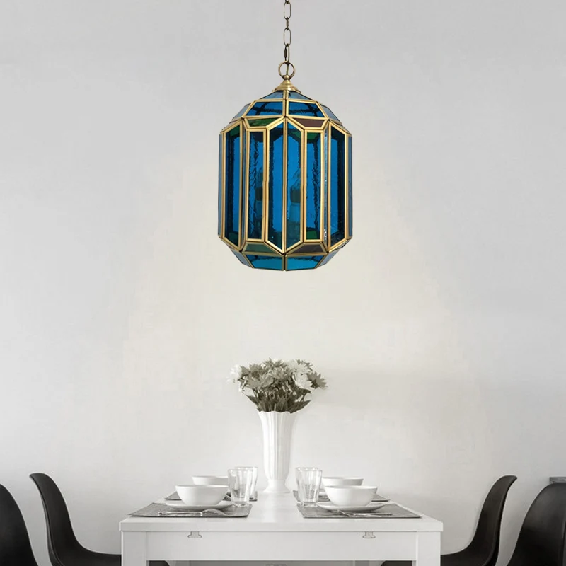 Plafonnier lanterne en verre bleu, luminaire suspendu Vintage à 1 lumière pour chambre à coucher avec fond ouvert Clearhalo