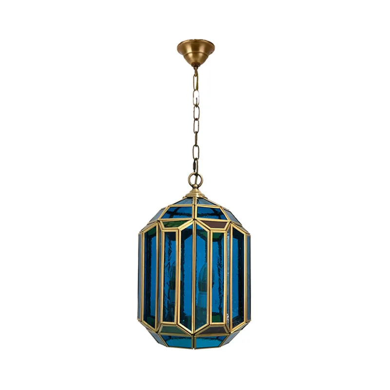 Plafonnier lanterne en verre bleu, luminaire suspendu Vintage à 1 lumière pour chambre à coucher avec fond ouvert Clearhalo
