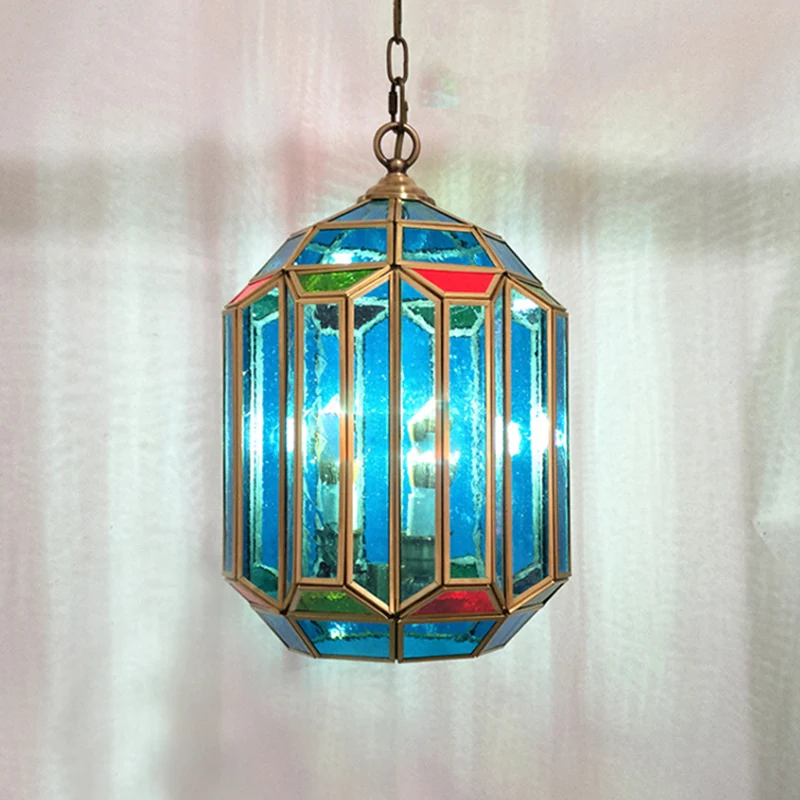 Plafonnier lanterne en verre bleu, luminaire suspendu Vintage à 1 lumière pour chambre à coucher avec fond ouvert Clearhalo