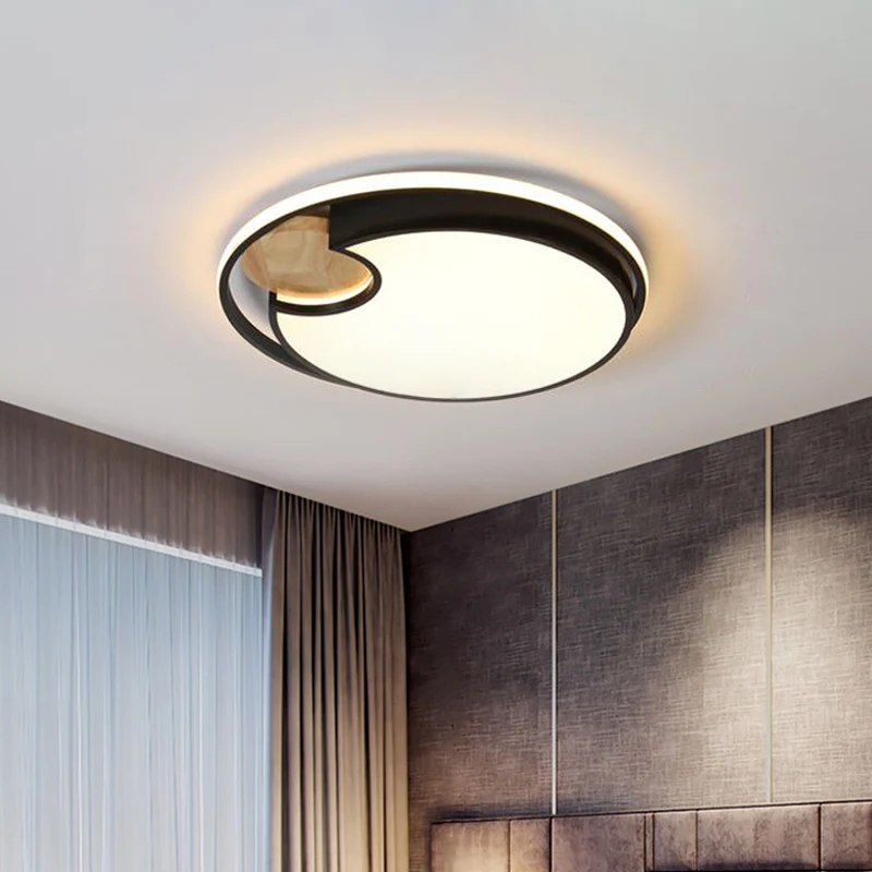 Plafonnier LED circulaire noir, éclairage moderne encastré en acrylique avec coupe circulaire en bois, lumière blanche/3 c...