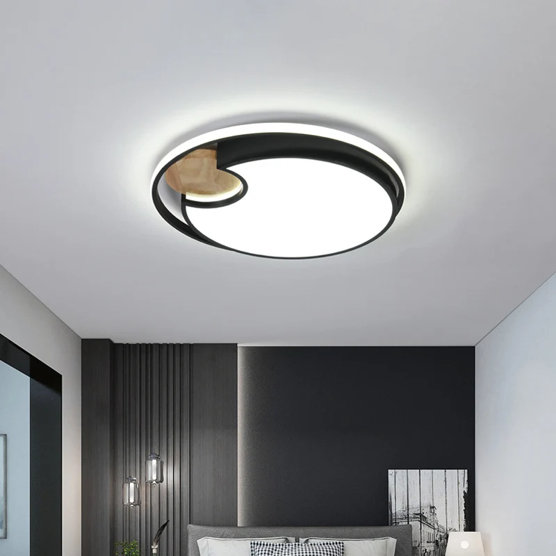 Plafonnier LED circulaire noir, éclairage moderne encastré en acrylique avec coupe circulaire en bois, lumière blanche/3 c...