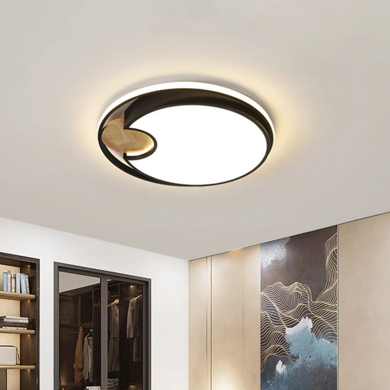 Plafonnier LED circulaire noir, éclairage moderne encastré en acrylique avec coupe circulaire en bois, lumière blanche/3 c...