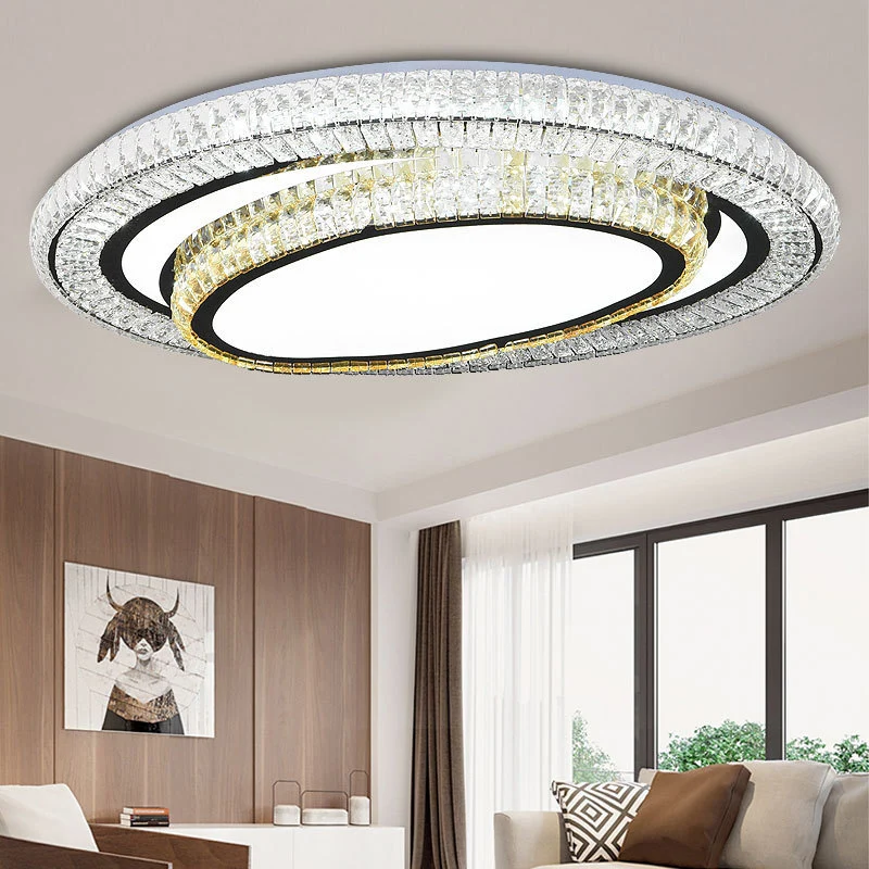 Plafonnier LED finition noire, plafonnier ovale moderne avec cristaux taillés rectangulaires clairs Clearhalo