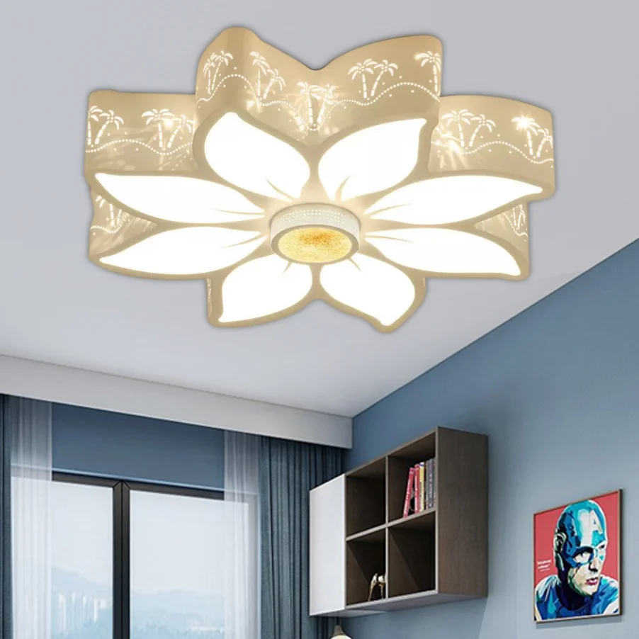 Plafonnier LED en métal contemporain avec fleur gravée blanche, luminaire de plafond pour chambre de fille Clearhalo