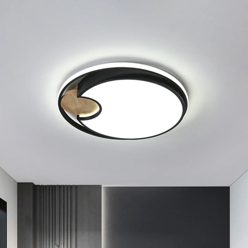 Plafonnier LED noir simple à encastrer en acrylique rond mince en noir avec accent en bois Clearhalo