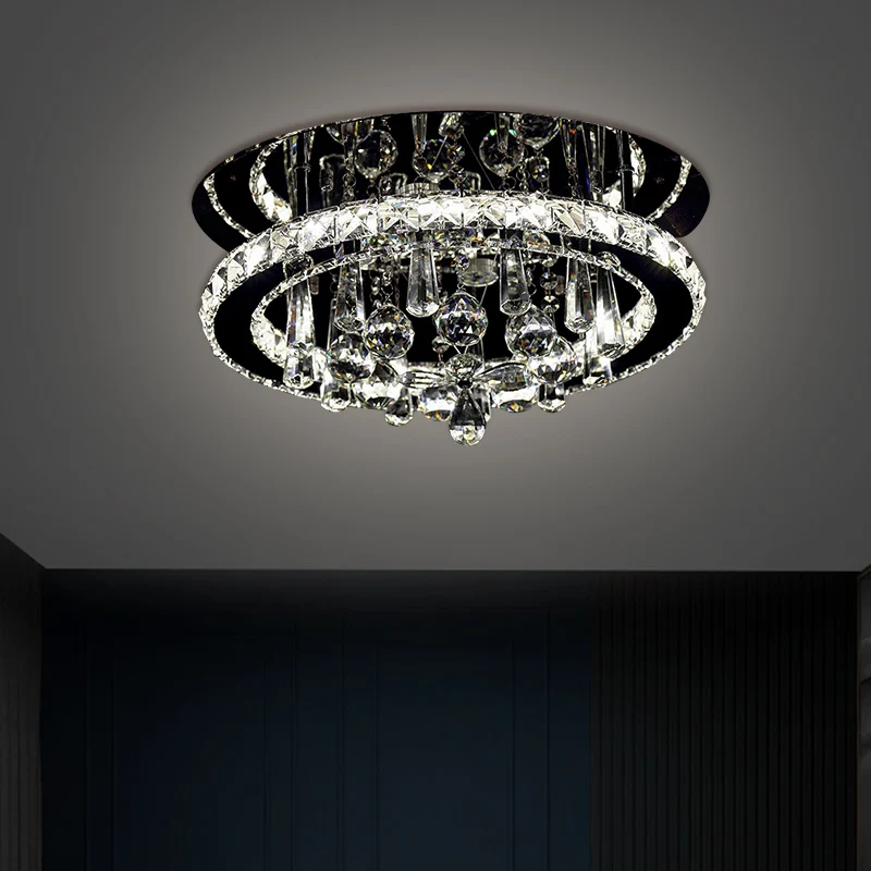 Plafonnier LED rond Simplicity, éclairage semi-monté en cristal découpé à la main pour salon, lumière chromée, lumière bla...