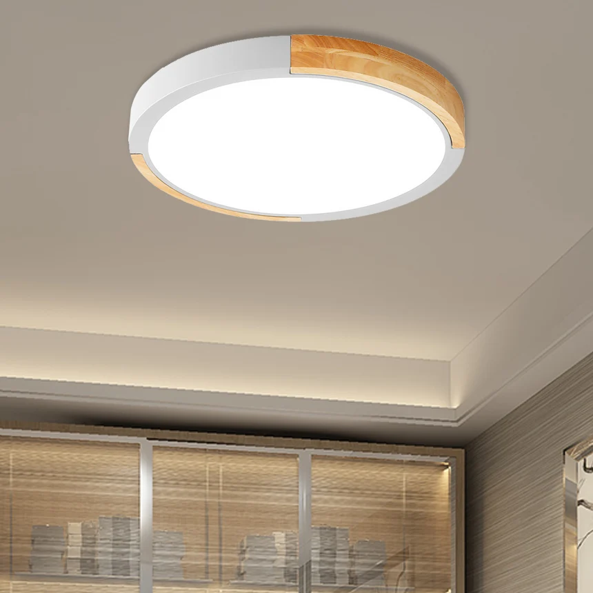 Plafonnier LED de Style nordique, noir/rose/blanc, disque d'épissure en bois, éclairage encastré avec abat-jour en acryliq...