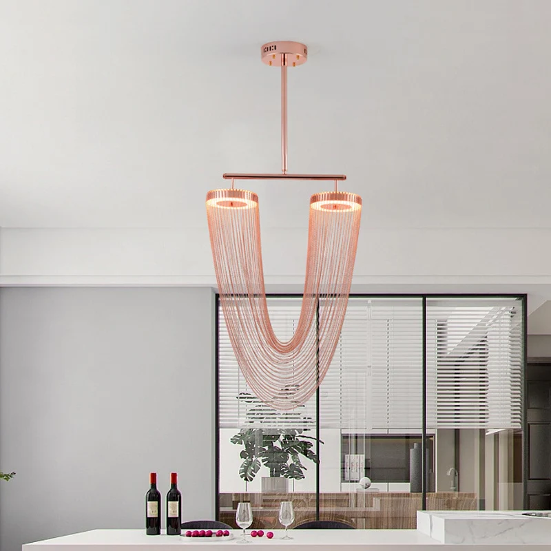 Plafonnier LED suspendu à chaîne en forme de V en or Rose, design moderne, en Vogue, tressé à la main, en aluminium, pour...