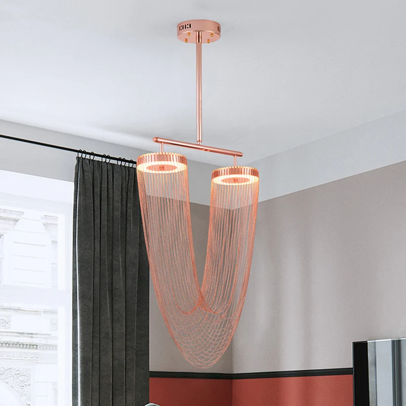 Plafonnier LED suspendu à chaîne en forme de V en or Rose, design moderne, en Vogue, tressé à la main, en aluminium, pour...