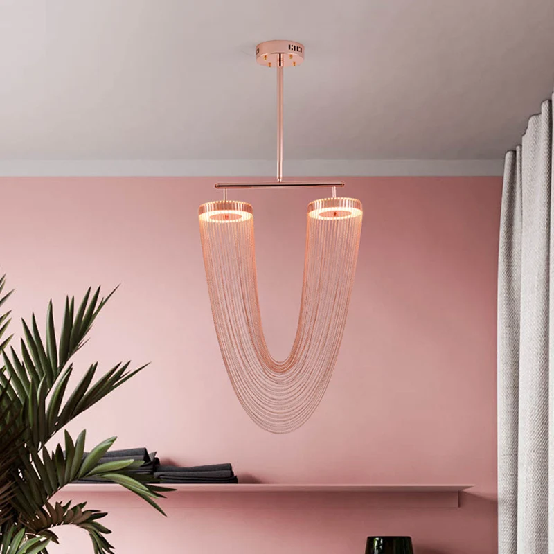 Plafonnier LED suspendu à chaîne en forme de V en or Rose, design moderne, en Vogue, tressé à la main, en aluminium, pour...