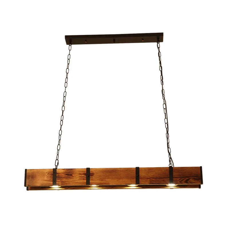 Plafonnier îlot rectangulaire en bois industriel 4 lumières lampe îlot marron avec chaîne en métal Clearhalo