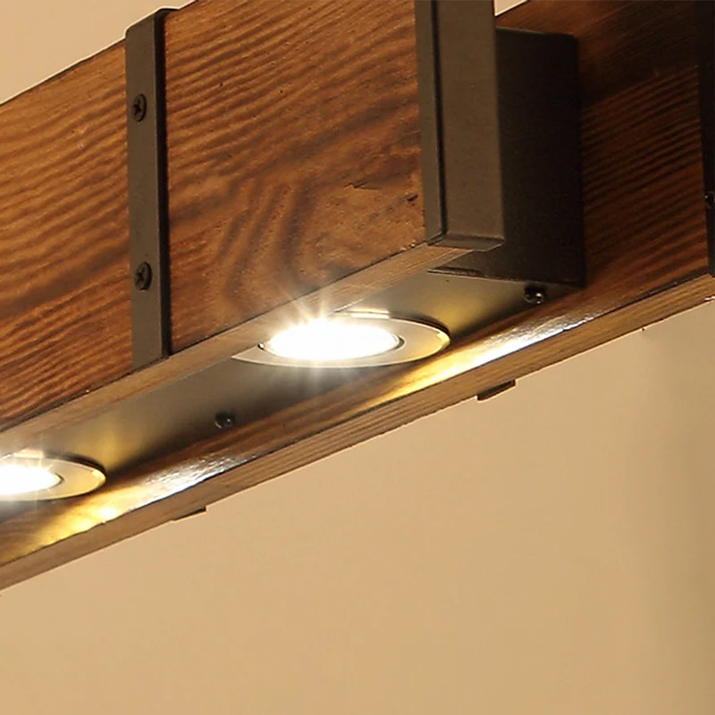 Plafonnier îlot rectangulaire en bois industriel 4 lumières lampe îlot marron avec chaîne en métal Clearhalo