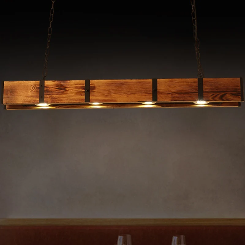 Plafonnier îlot rectangulaire en bois industriel 4 lumières lampe îlot marron avec chaîne en métal Clearhalo