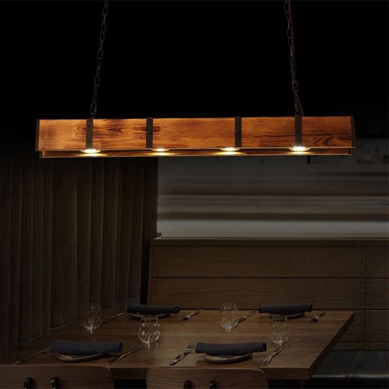 Plafonnier îlot rectangulaire en bois industriel 4 lumières lampe îlot marron avec chaîne en métal Clearhalo
