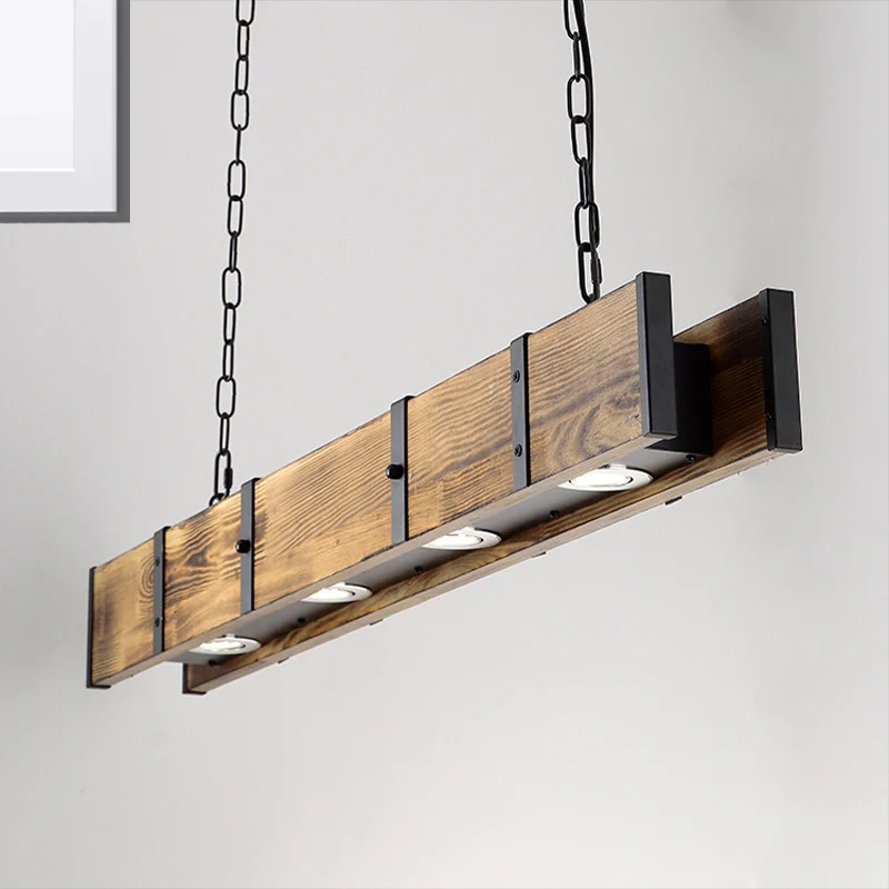 Plafonnier îlot rectangulaire en bois industriel 4 lumières lampe îlot marron avec chaîne en métal Clearhalo