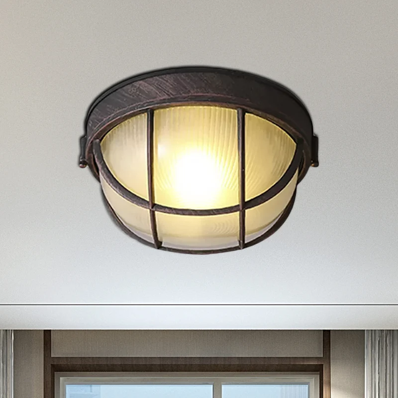 Plafonnier à lumière unique rouille, luminaire encastré à dôme en verre nervuré rustique avec cage Clearhalo