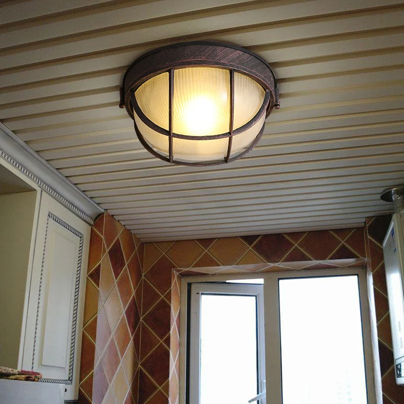 Plafonnier à lumière unique rouille, luminaire encastré à dôme en verre nervuré rustique avec cage Clearhalo