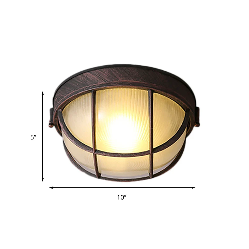 Plafonnier à lumière unique rouille, luminaire encastré à dôme en verre nervuré rustique avec cage Clearhalo