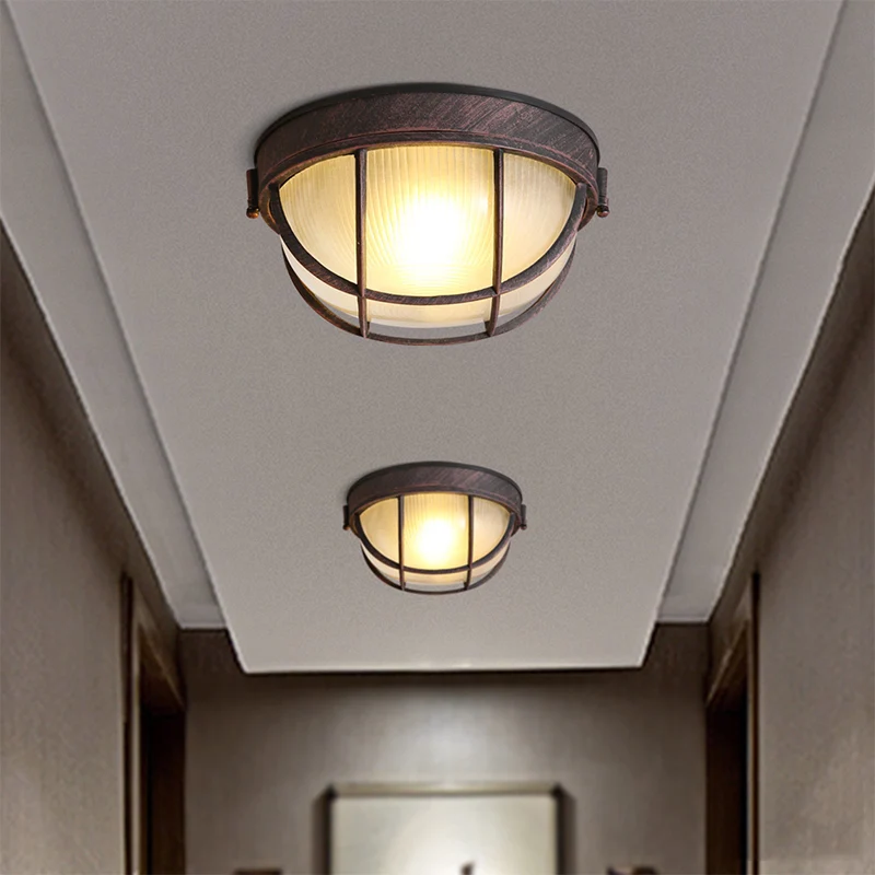 Plafonnier à lumière unique rouille, luminaire encastré à dôme en verre nervuré rustique avec cage Clearhalo