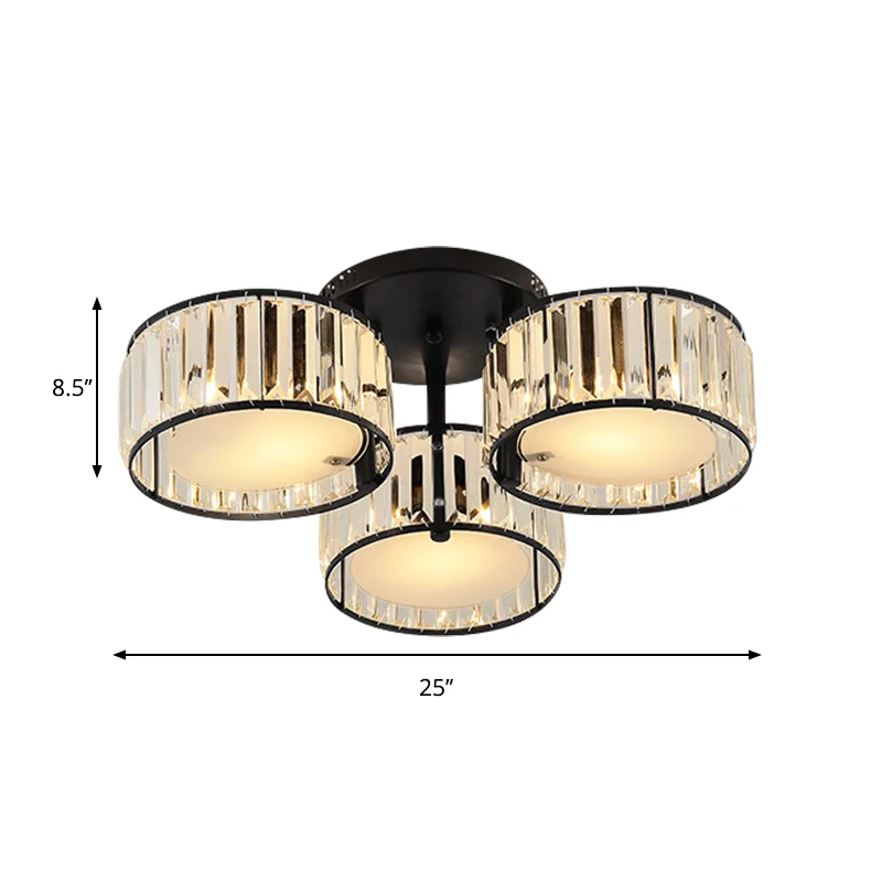Plafonnier moderne noir à 3/5/6 lumières, montage encastré avec abat-jour en cristal à tambour Clearhalo