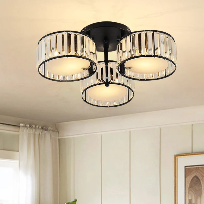 Plafonnier moderne noir à 3/5/6 lumières, montage encastré avec abat-jour en cristal à tambour Clearhalo