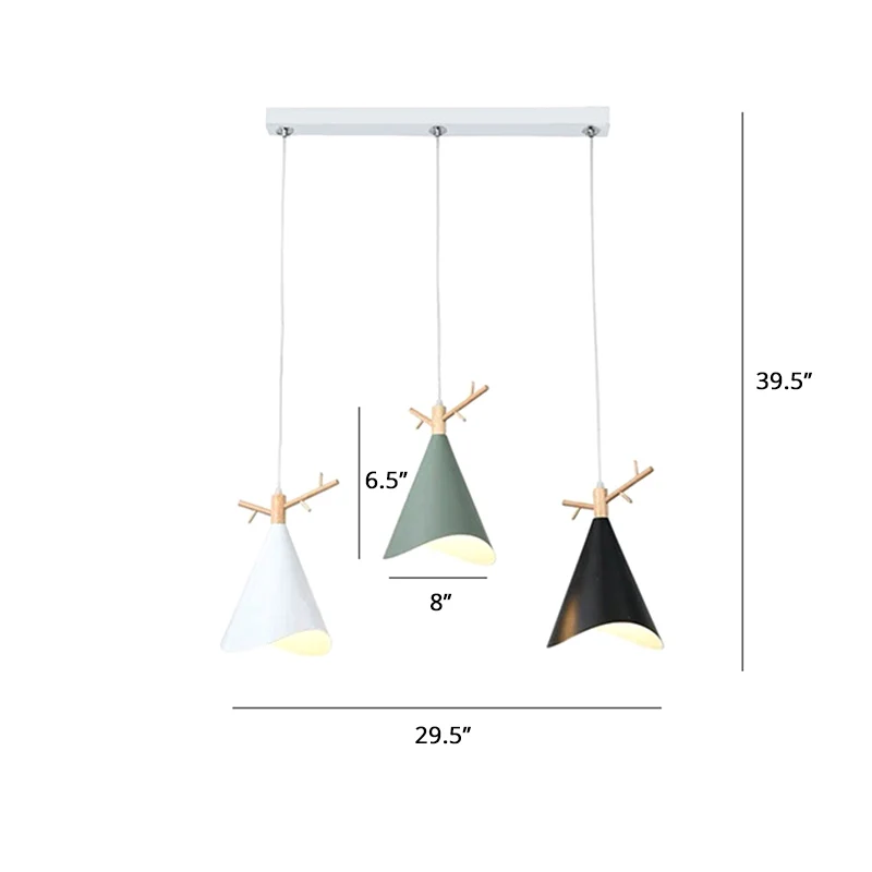 Plafonnier Multi Conique Métal Nordique 3 Ampoules Suspension Goutte Bois Blanc Bord Ondulé et Déco Bois de Cerf Clearhalo