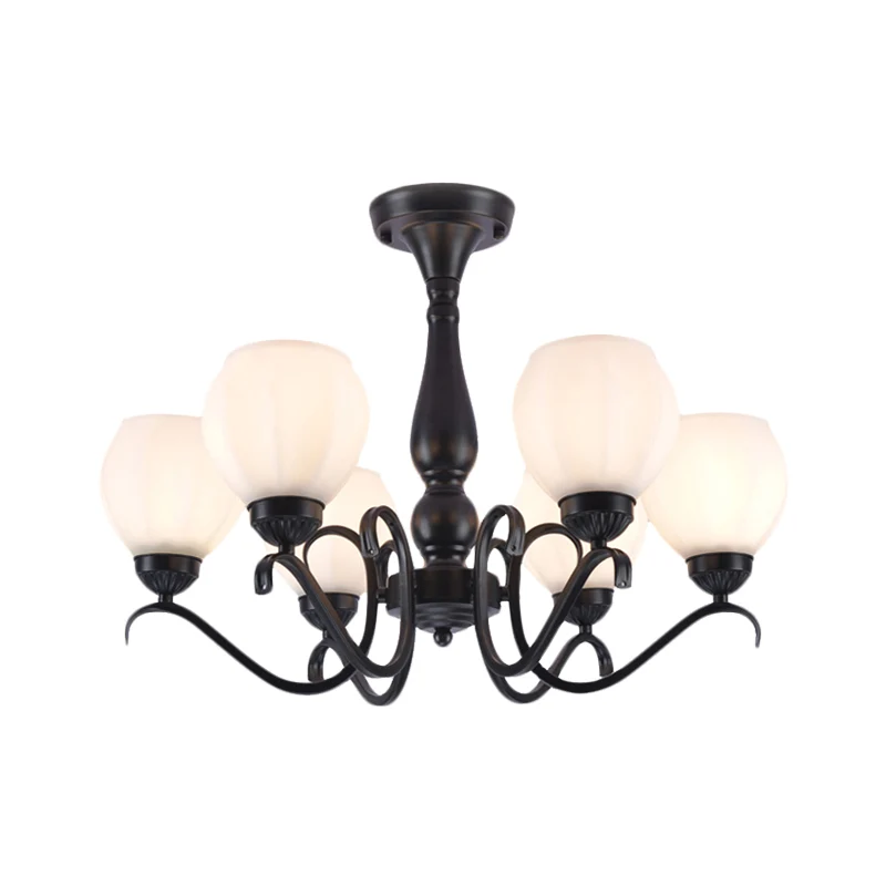 Plafonnier noir à 3/5/6 lumières, montage traditionnel en verre blanc, bras pivotant, Semi-encastré, pour salon Clearhalo