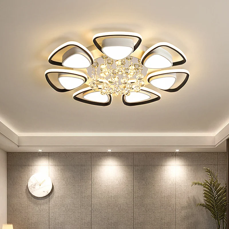 Plafonnier à pétales en métal, luminaire d'intérieur contemporain à LED noir et blanc avec drapé en cristal, lumière chaud...