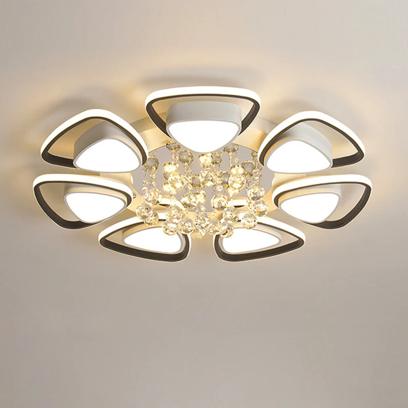Plafonnier à pétales en métal, luminaire d'intérieur contemporain à LED noir et blanc avec drapé en cristal, lumière chaud...