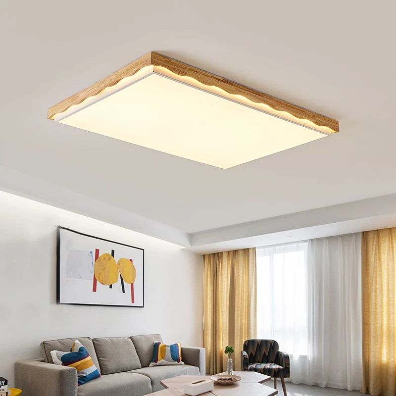Plafonnier rectangulaire/carré de 18"/21,5"/27,5" de large, plafonnier LED minimaliste en bois beige pour chambre à couche...