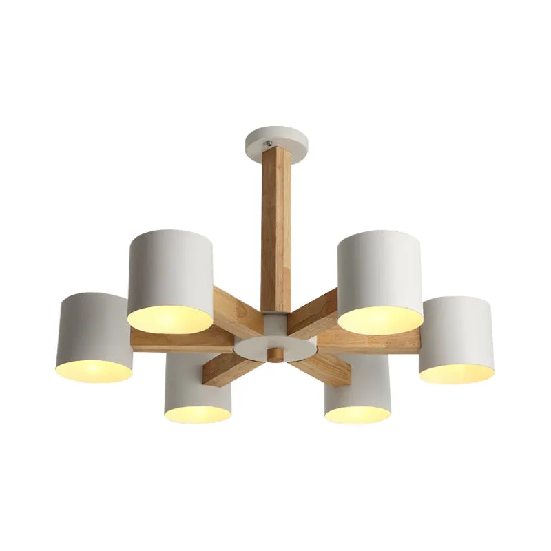 Plafonnier de salon cylindrique en métal, lustre semi-encastré nordique à 6 têtes en blanc avec tige conçue en éclat de bo...