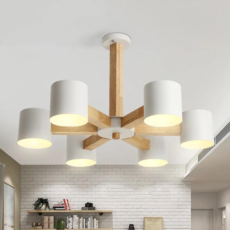 Plafonnier de salon cylindrique en métal, lustre semi-encastré nordique à 6 têtes en blanc avec tige conçue en éclat de bo...