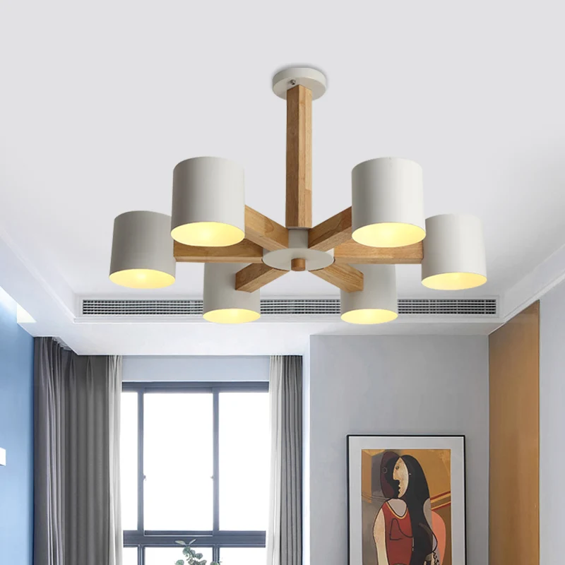 Plafonnier de salon cylindrique en métal, lustre semi-encastré nordique à 6 têtes en blanc avec tige conçue en éclat de bo...