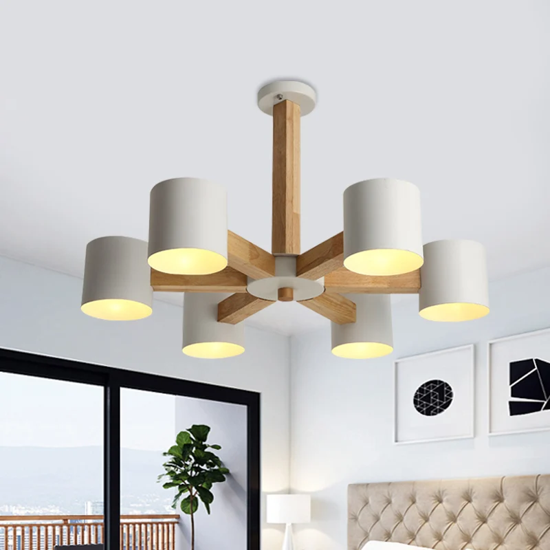 Plafonnier de salon cylindrique en métal, lustre semi-encastré nordique à 6 têtes en blanc avec tige conçue en éclat de bo...