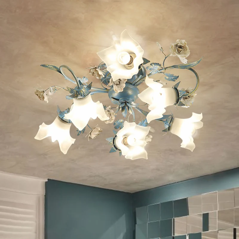 Plafonnier semi-encastré à 6/8 têtes en verre opale floral pour jardin coréen, salon, bleu Clearhalo