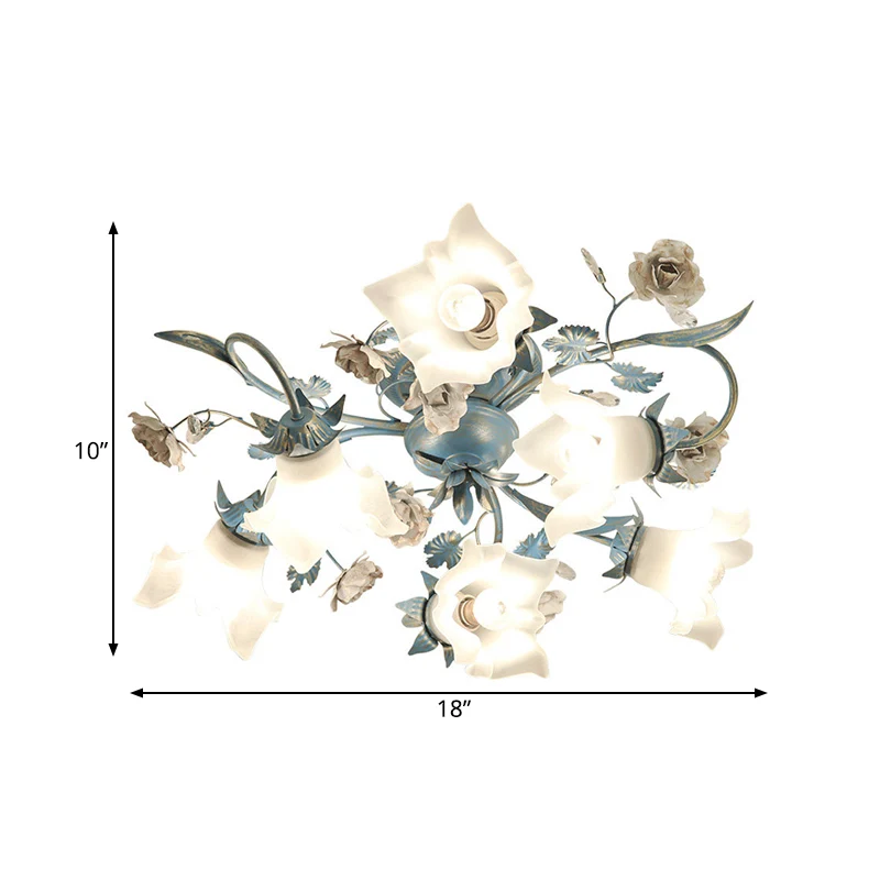 Plafonnier semi-encastré à 6/8 têtes en verre opale floral pour jardin coréen, salon, bleu Clearhalo