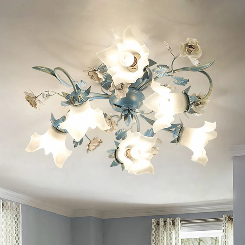Plafonnier semi-encastré à 6/8 têtes en verre opale floral pour jardin coréen, salon, bleu Clearhalo