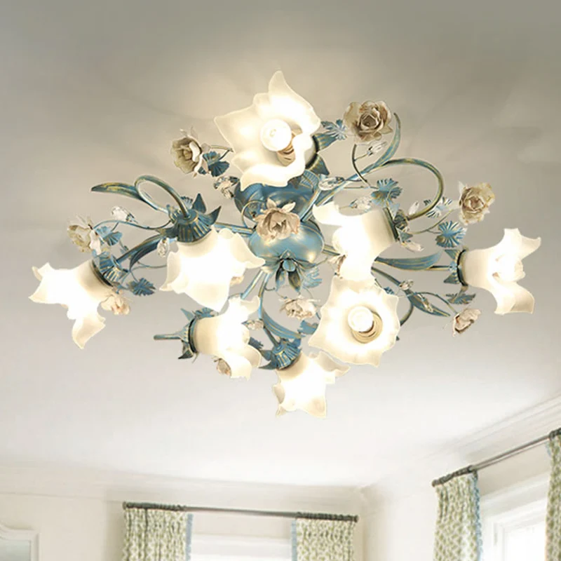 Plafonnier semi-encastré à 6/8 têtes en verre opale floral pour jardin coréen, salon, bleu Clearhalo