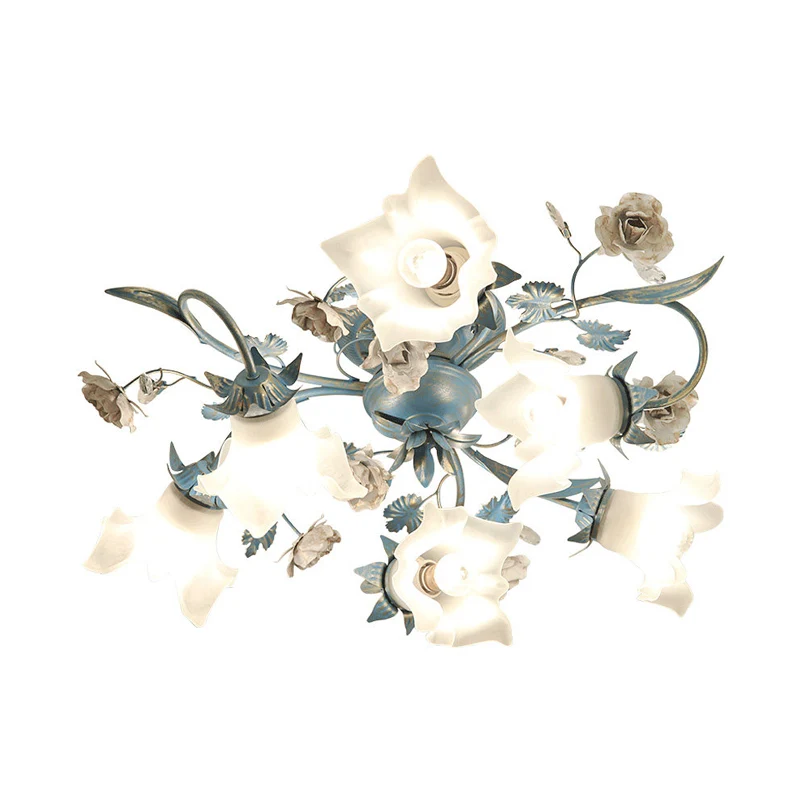 Plafonnier semi-encastré à 6/8 têtes en verre opale floral pour jardin coréen, salon, bleu Clearhalo