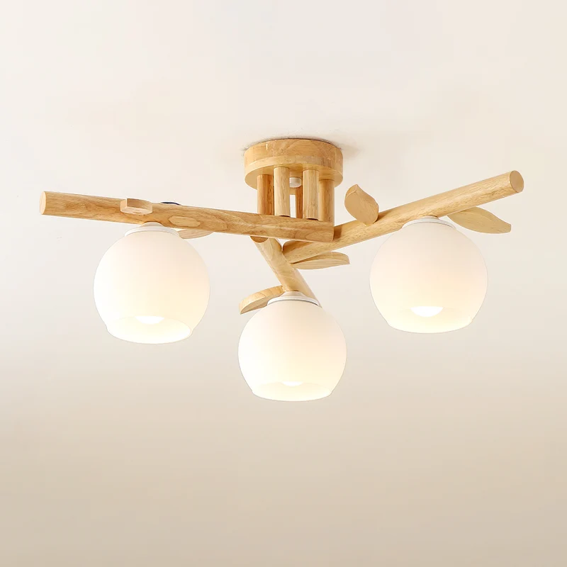 Plafonnier sphère en verre crème, semi-plafonnier en bois nordique avec décor en forme de branche Clearhalo
