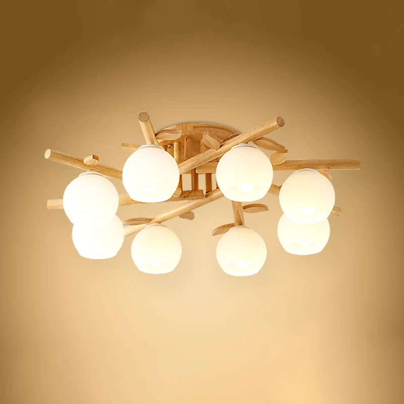 Plafonnier sphère en verre crème, semi-plafonnier en bois nordique avec décor en forme de branche Clearhalo